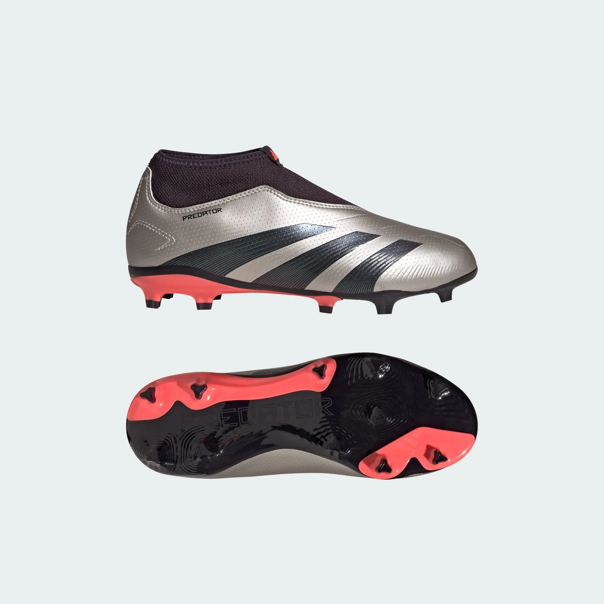 adidas PREDATOR LEAGUE LACELESS Firm Ground Soccer Cleats | Platinum Metallic-Aurora Black | Kid's Unisex