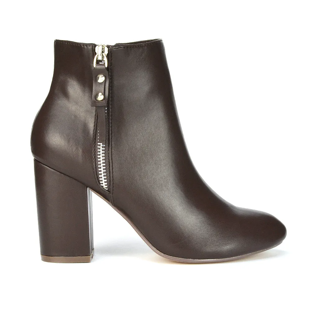 Andrea Pointed Toe Zip Up Statement High Block Heel Ankle Boots In White Synthetic Leather