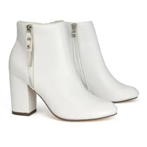 Andrea Pointed Toe Zip Up Statement High Block Heel Ankle Boots In White Synthetic Leather