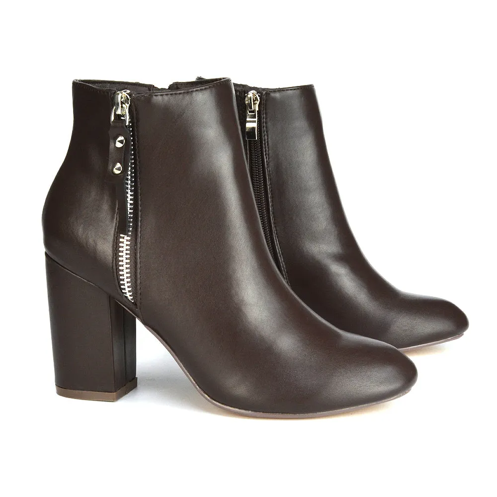 Andrea Pointed Toe Zip Up Statement High Block Heel Ankle Boots In White Synthetic Leather