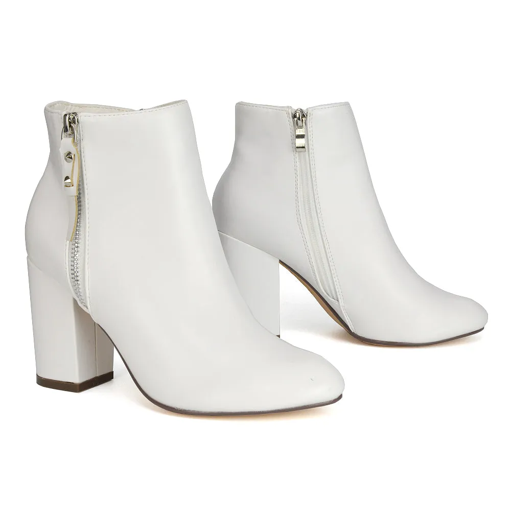 Andrea Pointed Toe Zip Up Statement High Block Heel Ankle Boots In White Synthetic Leather