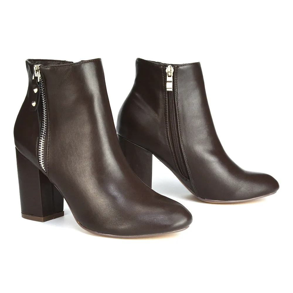 Andrea Pointed Toe Zip Up Statement High Block Heel Ankle Boots In White Synthetic Leather