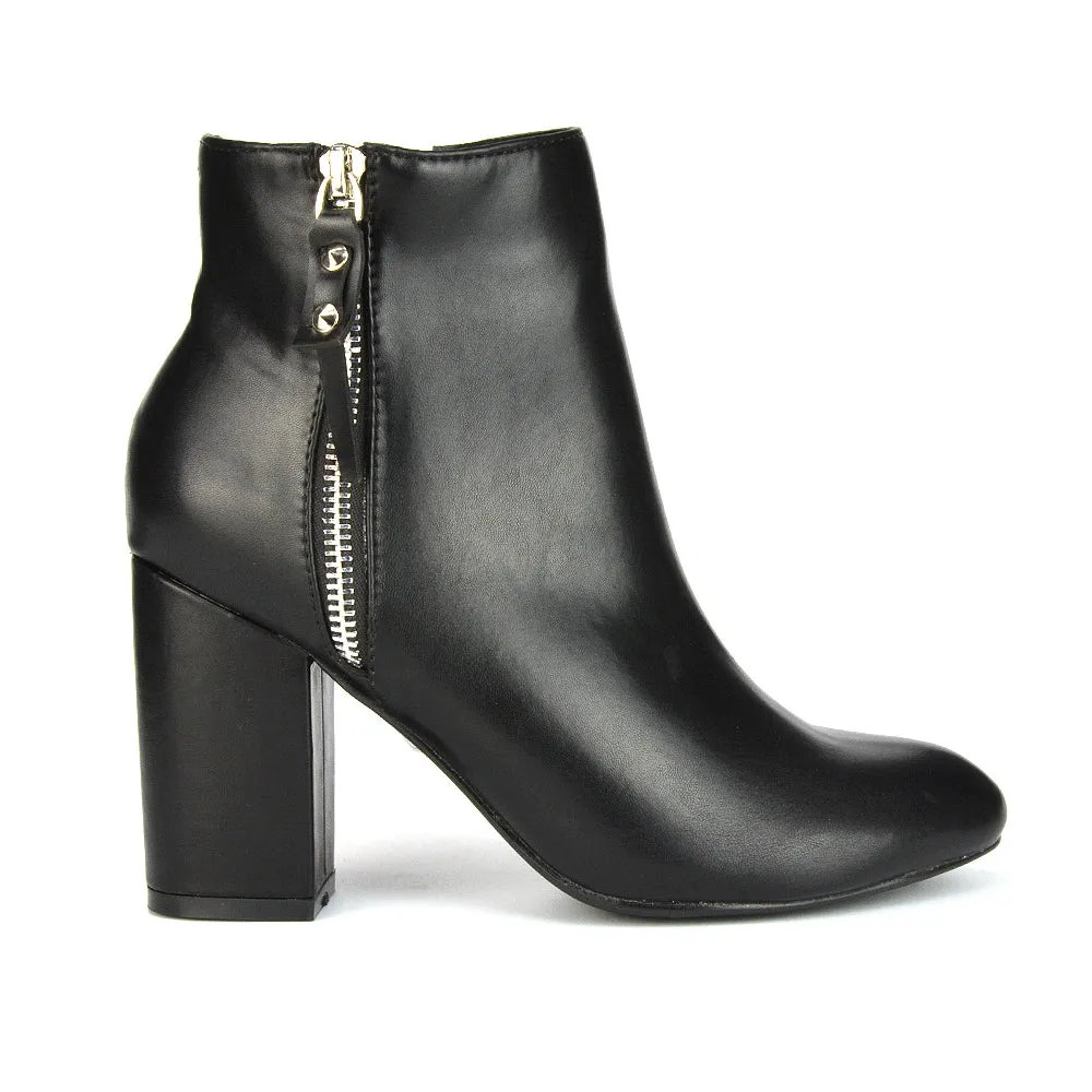 Andrea Pointed Toe Zip Up Statement High Block Heel Ankle Boots In White Synthetic Leather