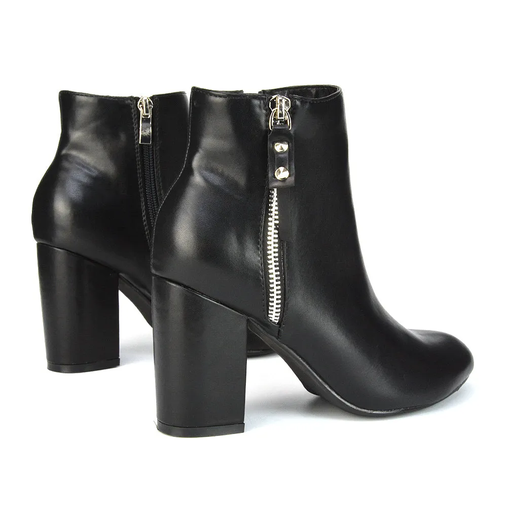 Andrea Pointed Toe Zip Up Statement High Block Heel Ankle Boots In White Synthetic Leather