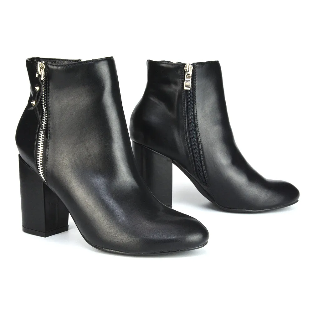Andrea Pointed Toe Zip Up Statement High Block Heel Ankle Boots In White Synthetic Leather
