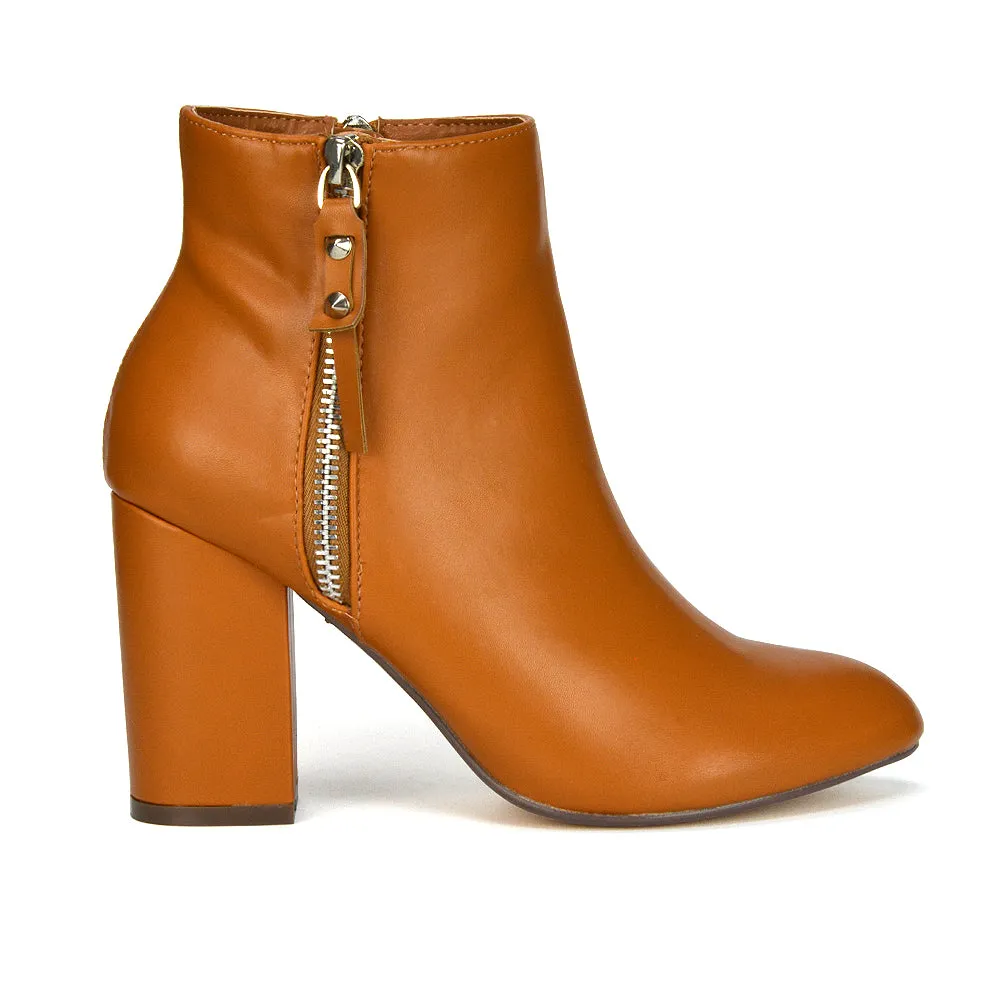 Andrea Pointed Toe Zip Up Statement High Block Heel Ankle Boots In White Synthetic Leather