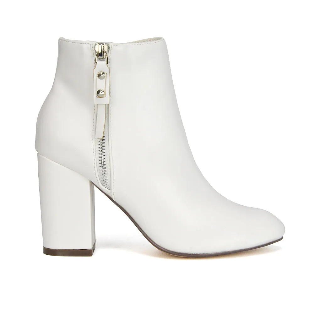Andrea Pointed Toe Zip Up Statement High Block Heel Ankle Boots In White Synthetic Leather