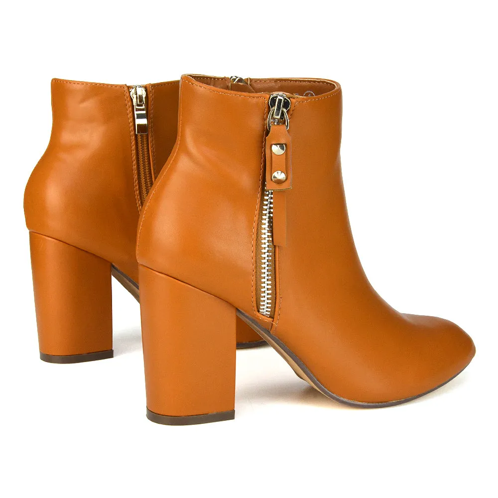 Andrea Pointed Toe Zip Up Statement High Block Heel Ankle Boots In White Synthetic Leather