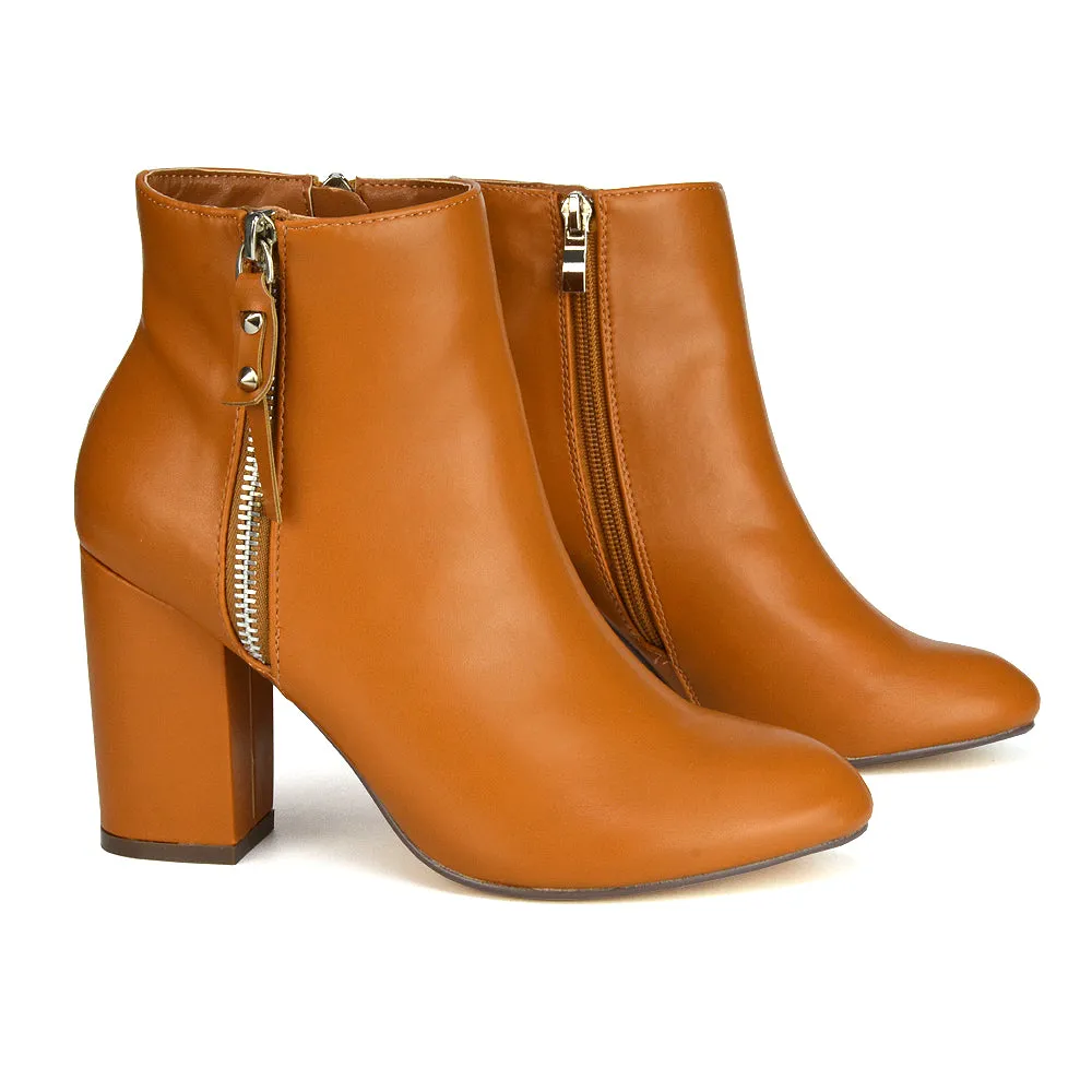 Andrea Pointed Toe Zip Up Statement High Block Heel Ankle Boots In White Synthetic Leather