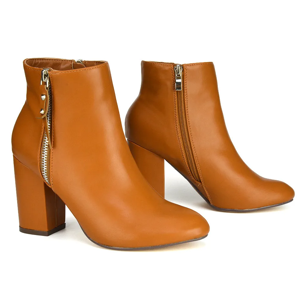 Andrea Pointed Toe Zip Up Statement High Block Heel Ankle Boots In White Synthetic Leather