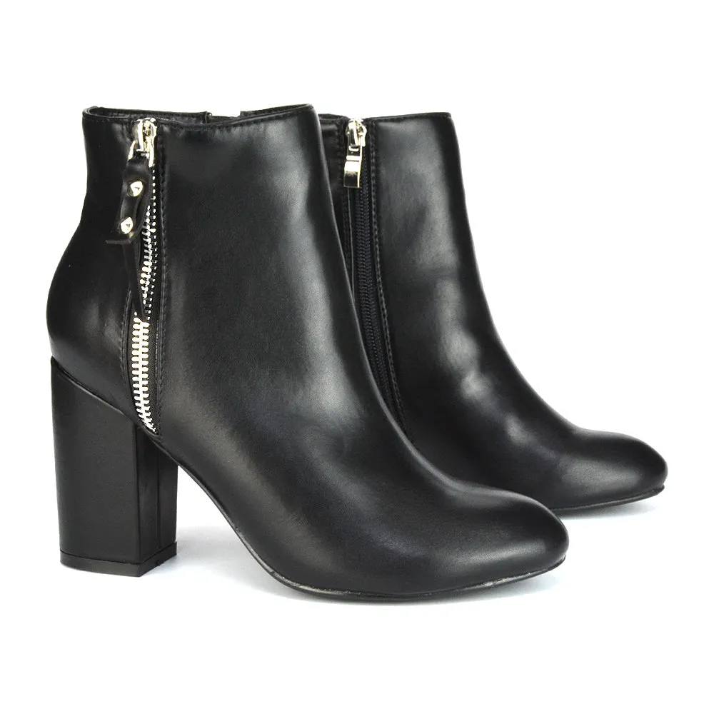 Andrea Pointed Toe Zip Up Statement High Block Heel Ankle Boots In White Synthetic Leather