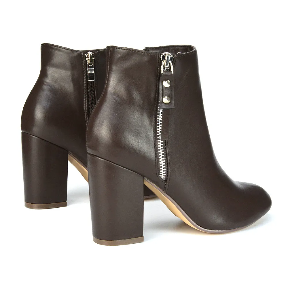 Andrea Pointed Toe Zip Up Statement High Block Heel Ankle Boots In White Synthetic Leather