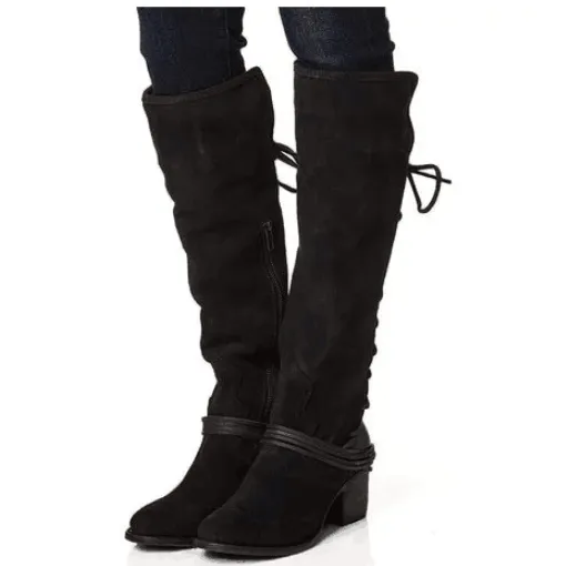 Back Lace Up High Chunky Heel Knee High Boots