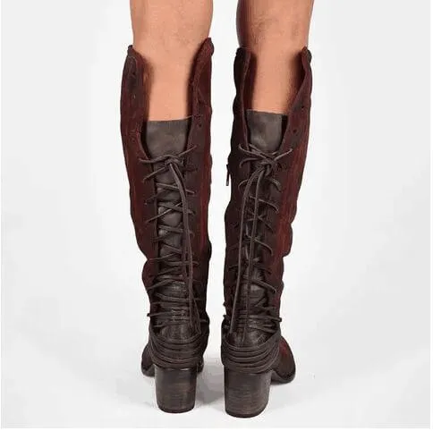 Back Lace Up High Chunky Heel Knee High Boots
