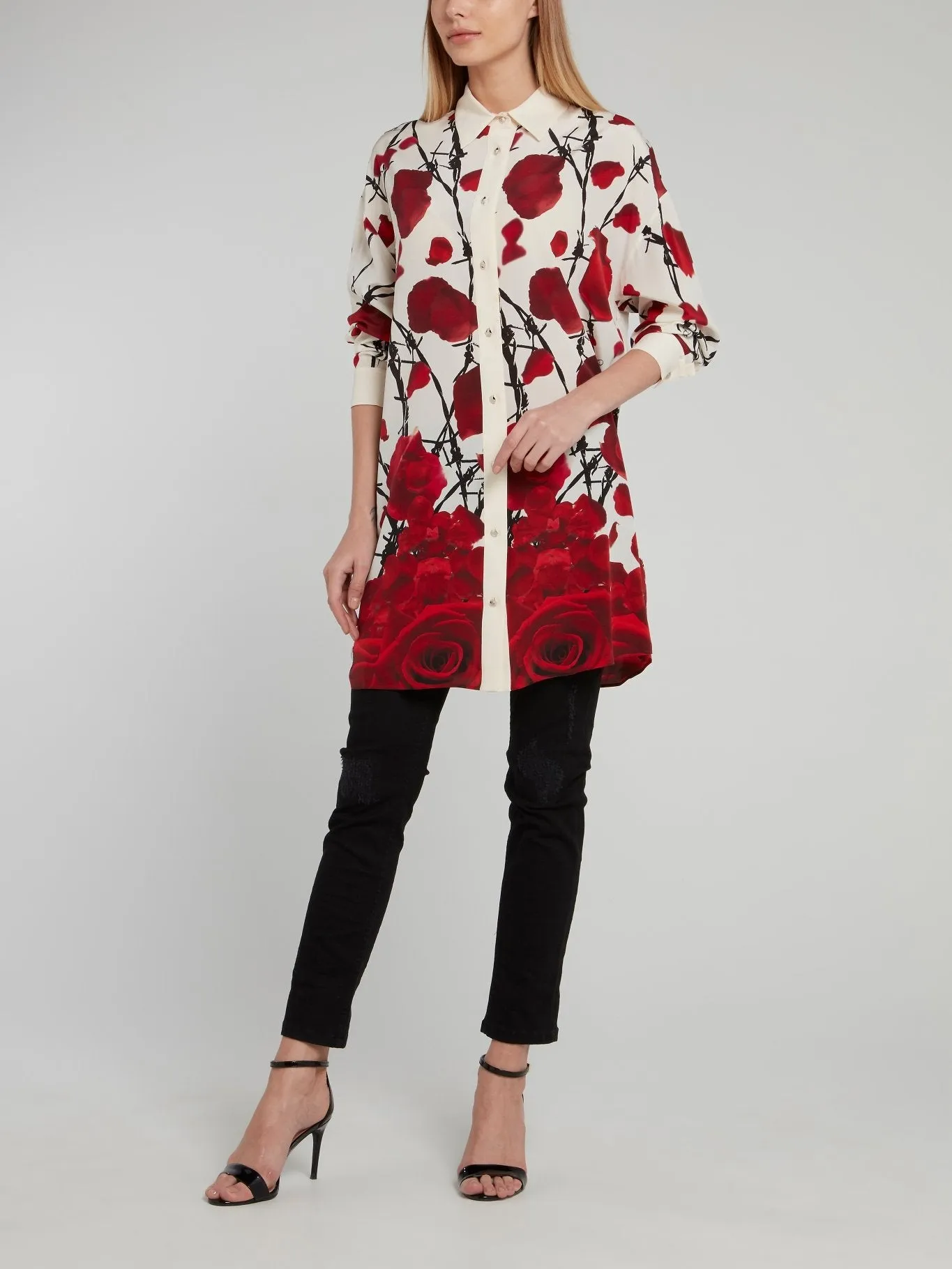 Beige Rose Print Long Shirt