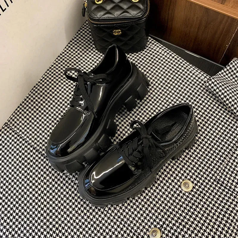 binfenxie  -  Loafers women's shoes spring and autumn heightened platform shoes lace-up single shoes ladies casual flat shoes