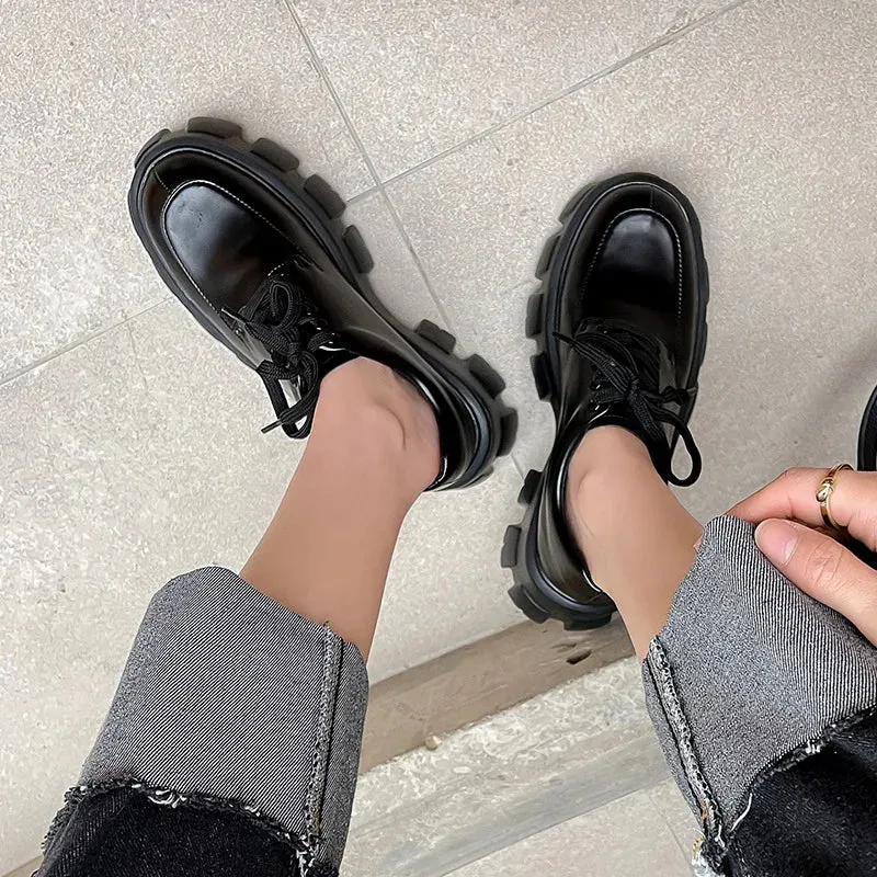 binfenxie  -  Loafers women's shoes spring and autumn heightened platform shoes lace-up single shoes ladies casual flat shoes
