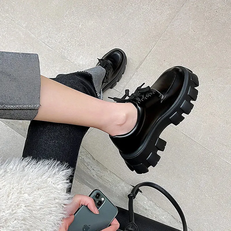 binfenxie  -  Loafers women's shoes spring and autumn heightened platform shoes lace-up single shoes ladies casual flat shoes
