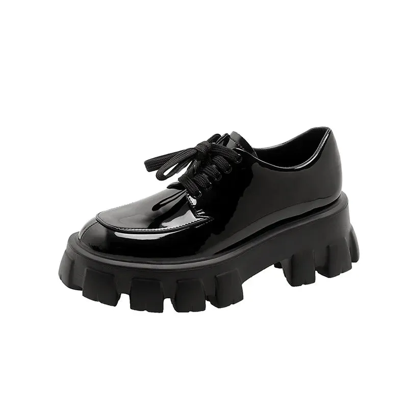binfenxie  -  Loafers women's shoes spring and autumn heightened platform shoes lace-up single shoes ladies casual flat shoes