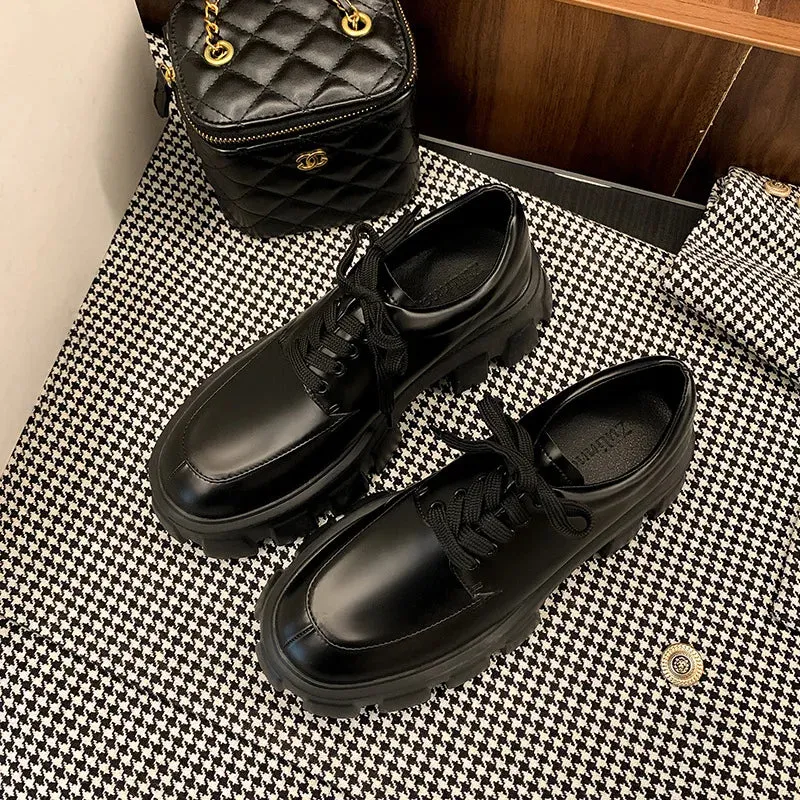 binfenxie  -  Loafers women's shoes spring and autumn heightened platform shoes lace-up single shoes ladies casual flat shoes