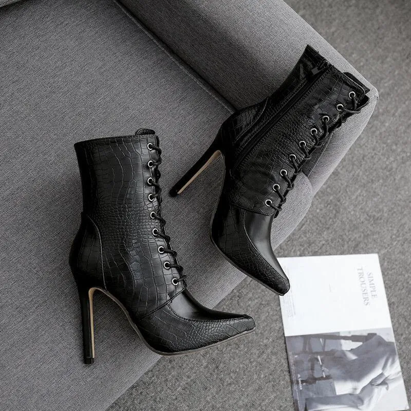Black Lace Up High Heel Pointed Calf Boots