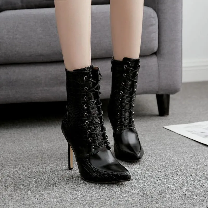 Black Lace Up High Heel Pointed Calf Boots
