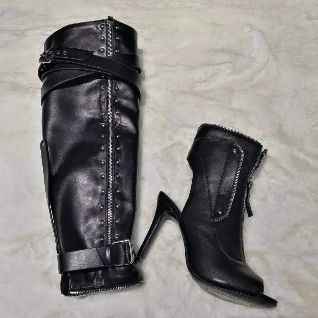 Black Leather Peep Toe Buckle Sandals