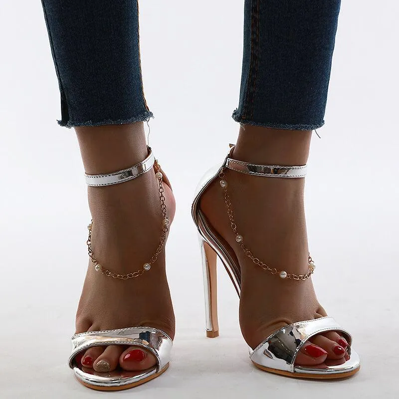 Chain Rhinestone High Heel  Buckle Sandals