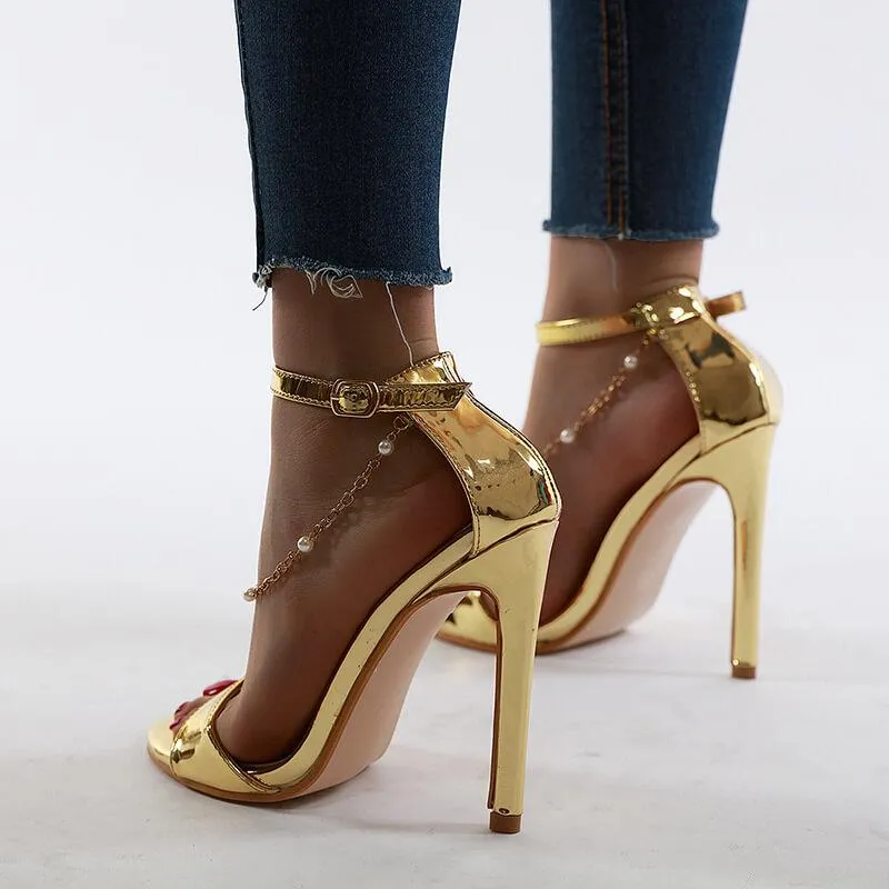 Chain Rhinestone High Heel  Buckle Sandals