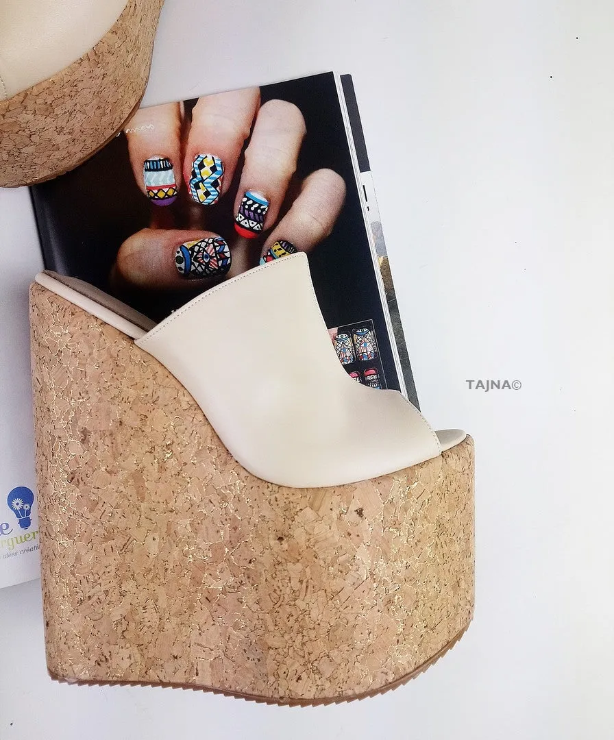 Cream High Heel Wedge Mules