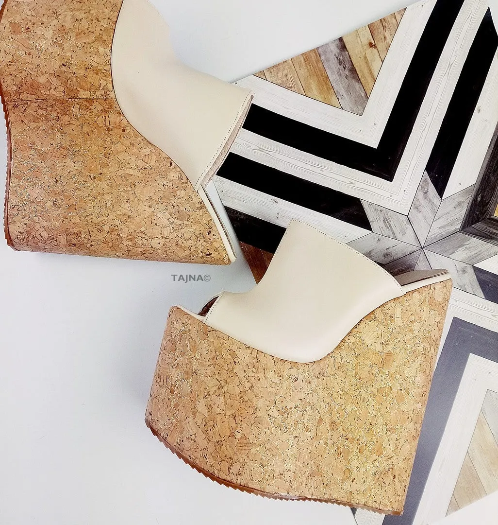 Cream High Heel Wedge Mules