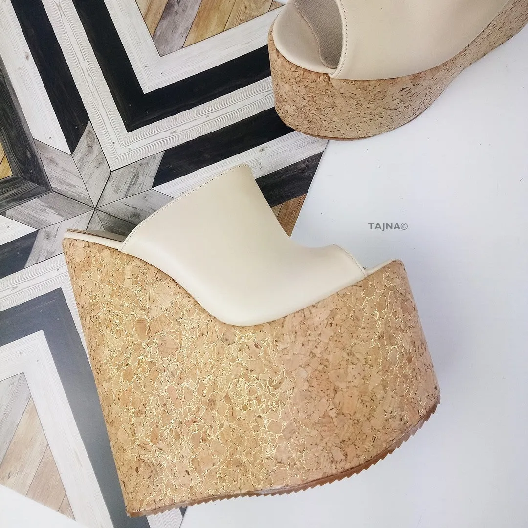 Cream High Heel Wedge Mules