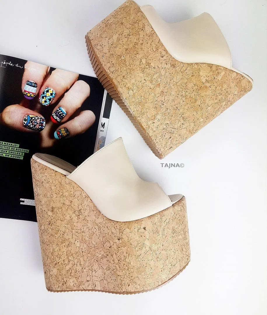 Cream High Heel Wedge Mules