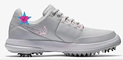 Custom Crystal Bedazzled Women Light Gray Nike Air Zoom Accurate Golf Shoes