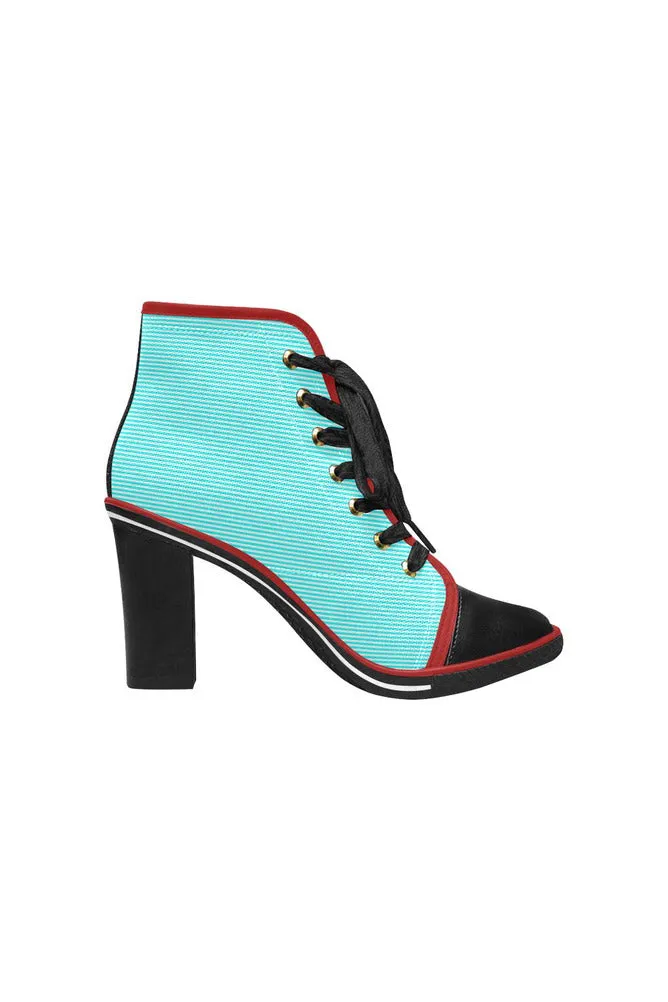 Cyan Stripes Women's Lace Up Chunky Heel Ankle Booties (Model 054)