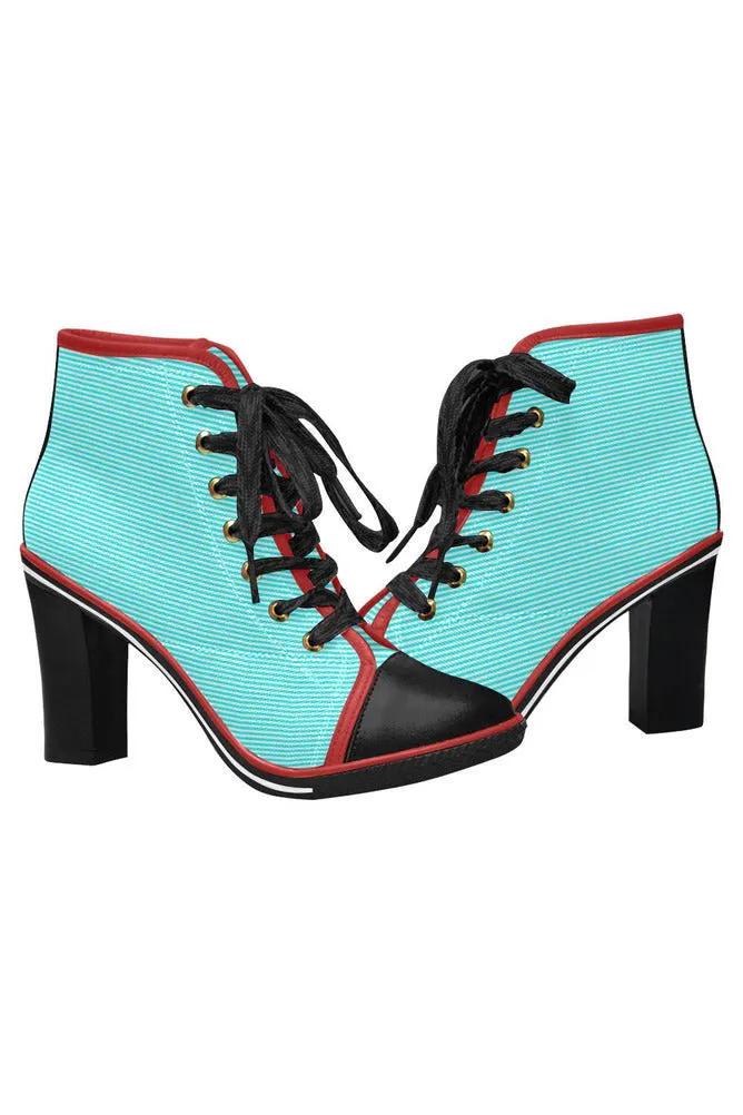 Cyan Stripes Women's Lace Up Chunky Heel Ankle Booties (Model 054)