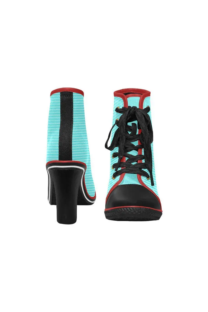 Cyan Stripes Women's Lace Up Chunky Heel Ankle Booties (Model 054)