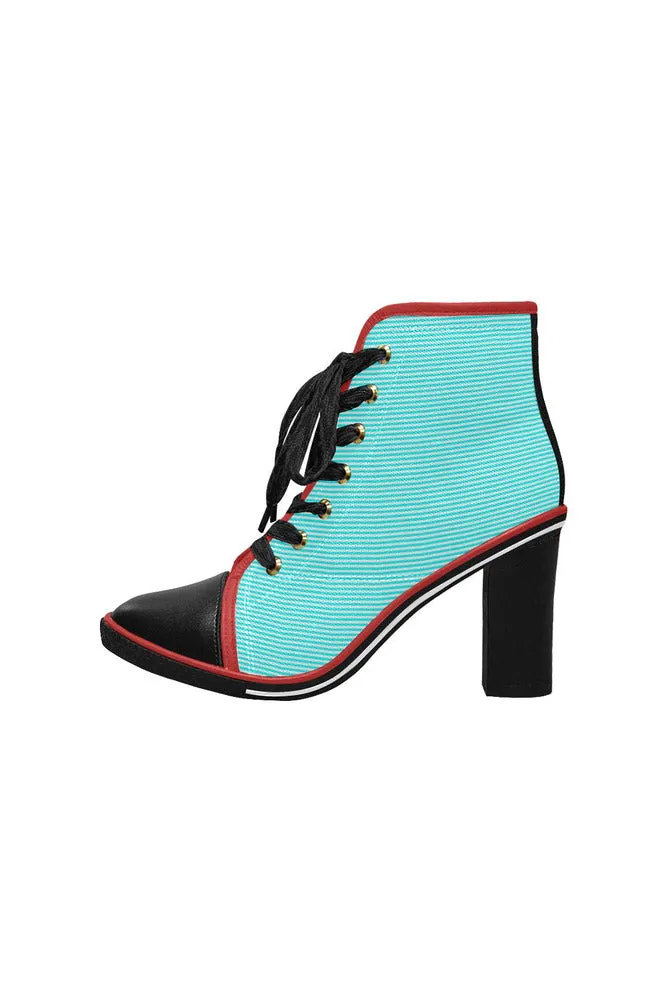Cyan Stripes Women's Lace Up Chunky Heel Ankle Booties (Model 054)