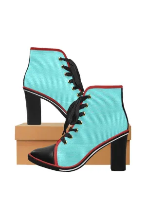 Cyan Stripes Women's Lace Up Chunky Heel Ankle Booties (Model 054)