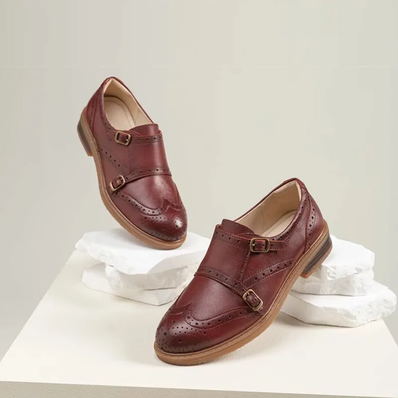 Handmade Leather Full Brogue Double Monk Strap Shoes For Women W Toe in Red/Black
