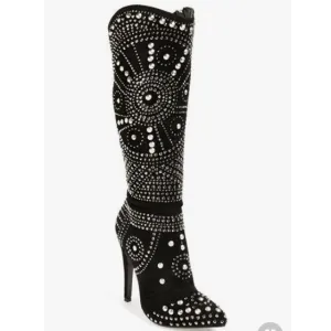 High Heel Suede Rhinestone Knee High Boots