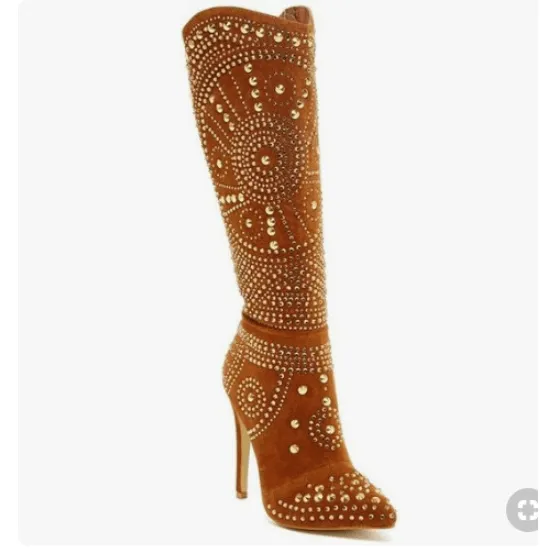 High Heel Suede Rhinestone Knee High Boots