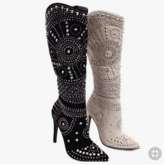 High Heel Suede Rhinestone Knee High Boots