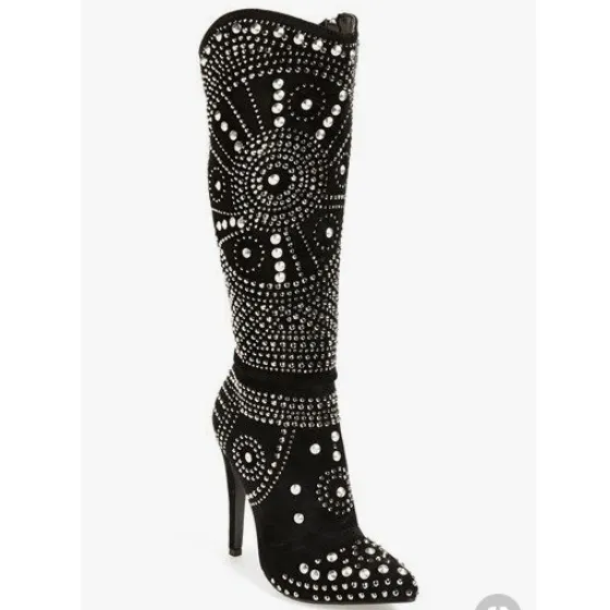 High Heel Suede Rhinestone Knee High Boots