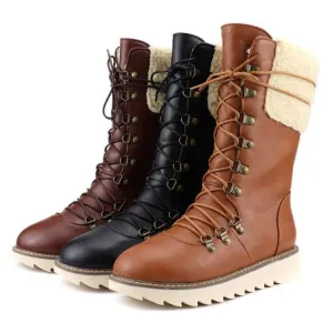 Leather Flat Lace Up Calf Boots