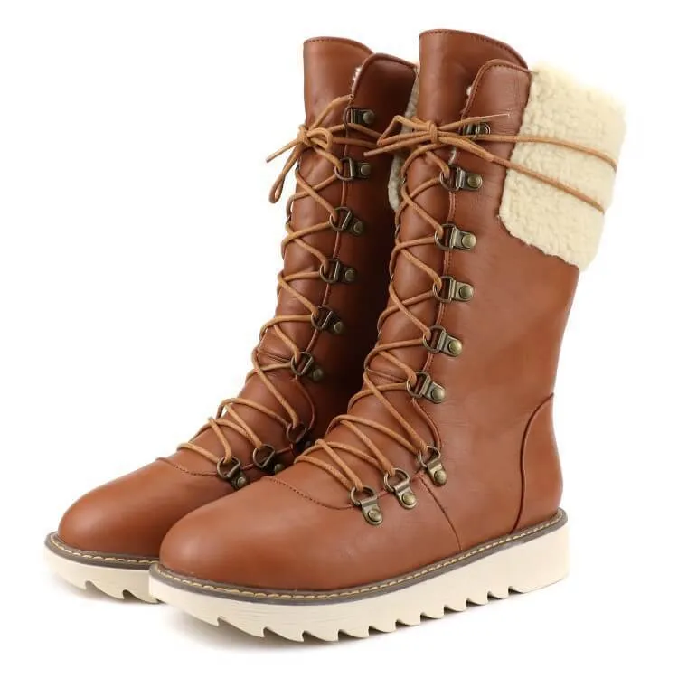 Leather Flat Lace Up Calf Boots