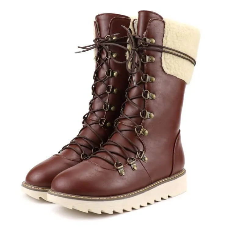 Leather Flat Lace Up Calf Boots