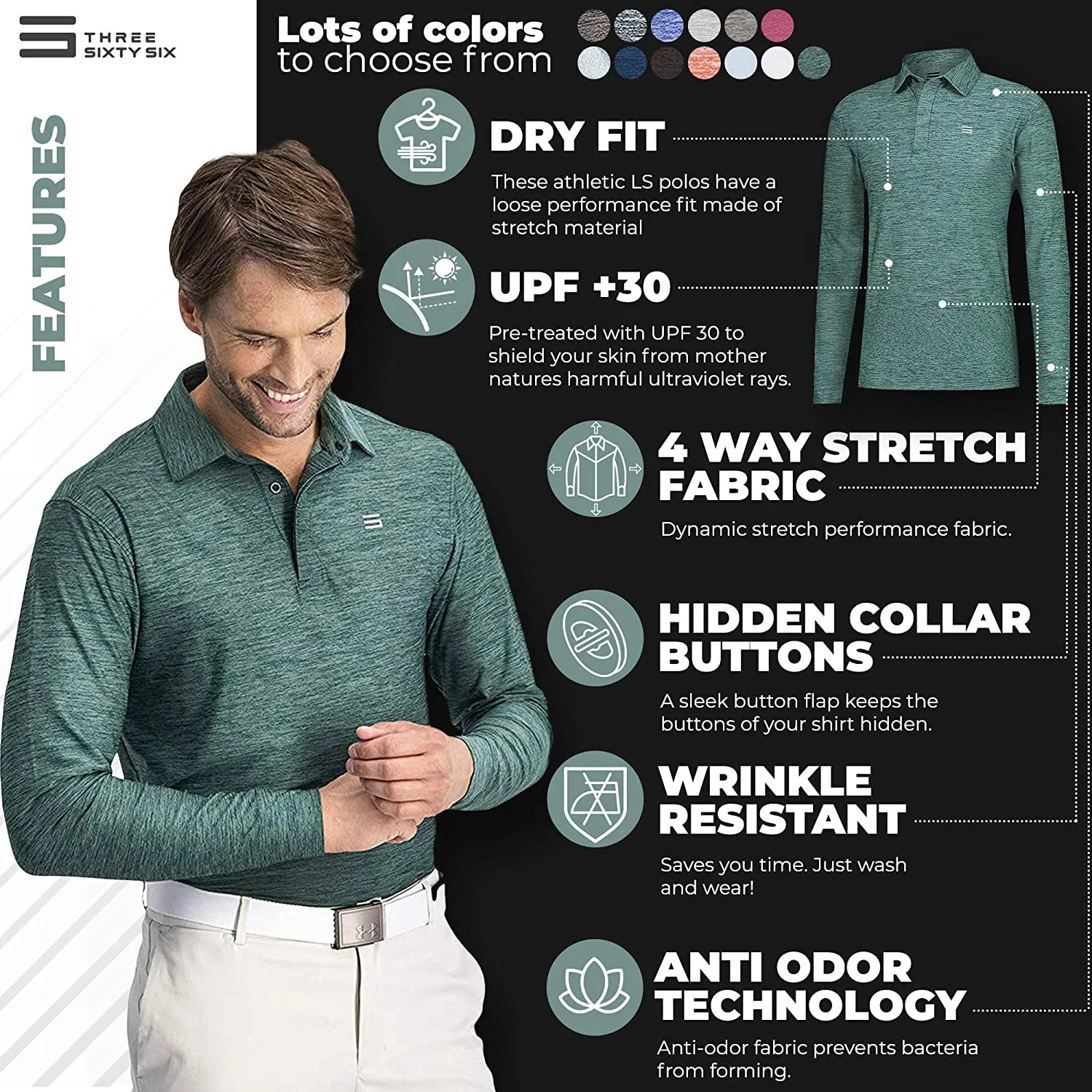 Men'S Dry Fit Long Sleeve Golf Shirt - Quick Dry Polo Shirts - UPF 30, Stretch Fabric