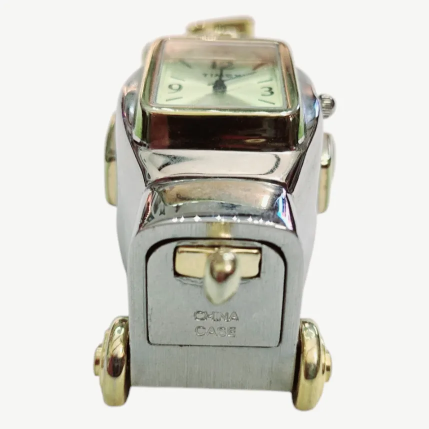 Minature Timex *Vtg. Silver/Gold Golf Bag w/ Clubs Watch Clock Quartz