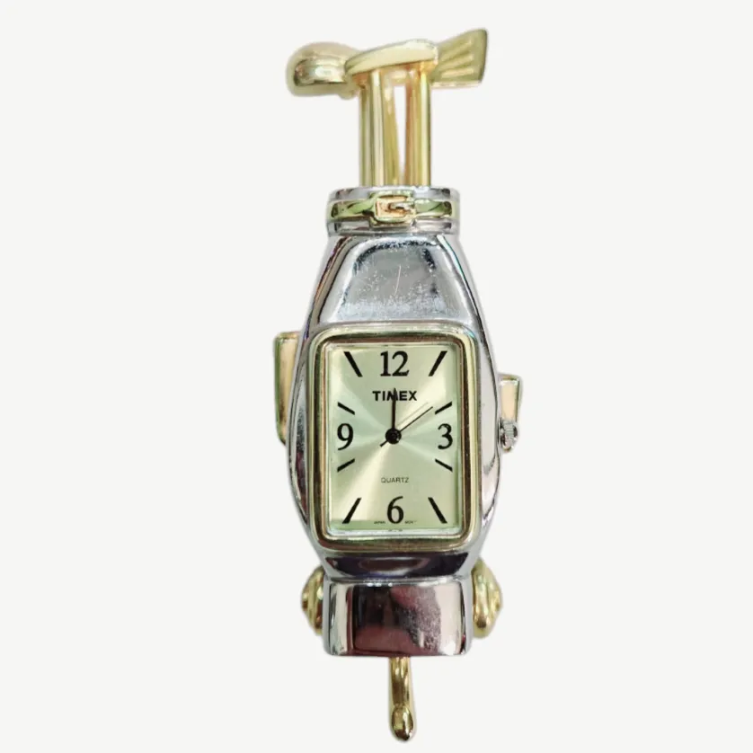 Minature Timex *Vtg. Silver/Gold Golf Bag w/ Clubs Watch Clock Quartz